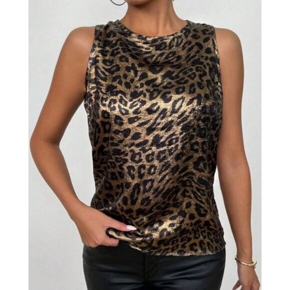 Metallic Leopard Print Sleeveless Blouse With Button Back Closure - Picture 1 of 4